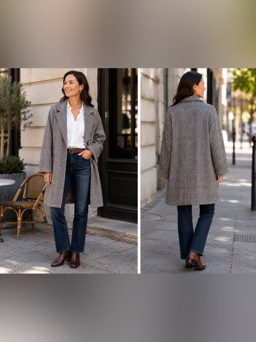 MELLODAY Black and White Plaid Trench Coat